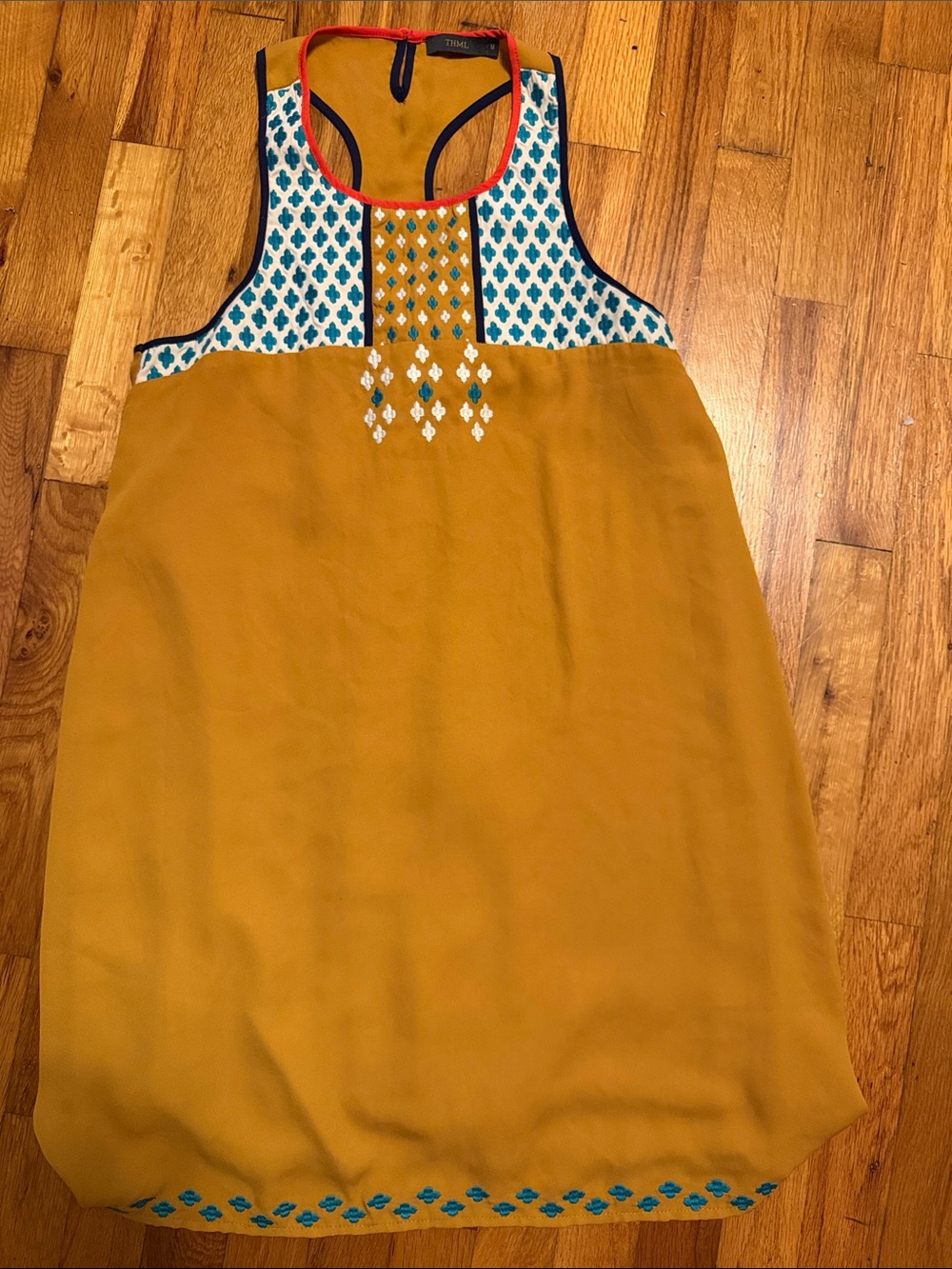 THML Mustard Yellow Mini Dress with Teal and Navy Accents
